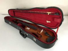 A modern full size violin in case with bow