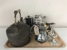 An antique brass handled kettle and a tray of plated ware