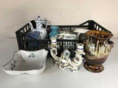 Three boxes containing assorted continental china including teapots, tea china, candlesticks,