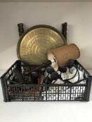 A folding brass topped table together with a 1930's oak table lamp and shade,