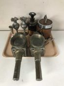 Two brass carriage lamps, pair of metal engraved vases, ice bucket,