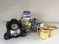 A tray of early 20th century china mantel clock, Crown Devon John Peel jug,