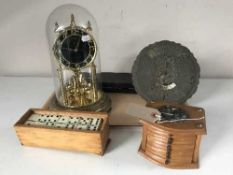 Anniversary clock under shade, cased carving set, boxed vintage dominoes,