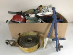 A Tackwise nail gun together with a camping stove, box of wall ties and box of ratchet straps,