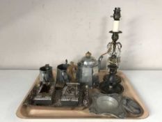 A tray of 1930's Art Deco style pewter tea service, two-tone Japanese metal smoking set,