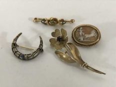 Four gold brooches including a cameo brooch, 10.