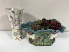 A Majolica style table centrepiece together with an Arthur Wood lustre vase