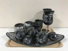 Two trays of contemporary mosaic glass ware - goblets, tea light holders,