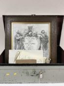 A tin trunk containing framed and un-framed pharmaceutical society certificates,