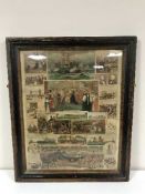 An antique pine framed lithographic print depicting scenes in history inc.