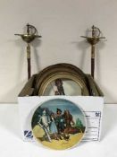 A box of ornamental basket handled swords, four framed Norman Rockwell china plates,