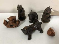 Six carved hardwood netsukes - dragons,