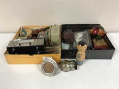 Two boxes containing collectable's including silver napkin rings, photo frames, clock key, radio,