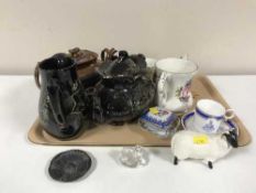 A tray of copper lustre teapot and milk jug, jug of 60th year of Queen Victoria,