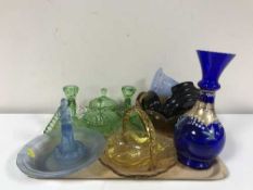 A tray of assorted glass ware, trinket set, vaseline glass vase, hand painted vase,