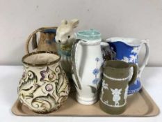 A tray of 20th century pottery, china vases and jugs inc.