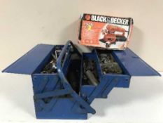 Two metal tool boxes together with a box containing assorted hand tools, jump lead,