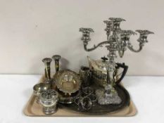 A tray of twentieth century plated ware, five way candelabrum,