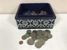 A box containing approximately 45 commemorative crowns, including silver crowns,