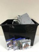 Two boxes containing Sony Playstation, PS2, PS3, games,