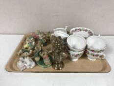 A tray of Colclough bone china tea set, cat and mouse, bronze bust,