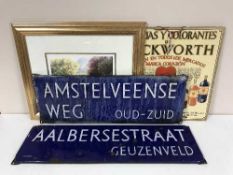 A crate of two enamelled Dutch street signs,