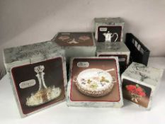 A basket containing boxed The Jeweller's collection claret jug, rose bowl, decanter,