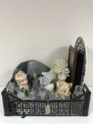 A box of irobot vac, modem, glass ware, ornaments, dolls, framed golfing montage etc,