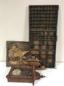 A folding child's chair, wall clock, chess board, carved wall plaque,