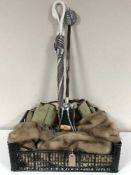 A box of fur coat, umbrella, boxed gent's shoes,