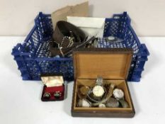A box of assorted lady's wrist watches, Rotary etc, leather belt, coins,