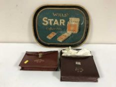 A Wills Star cigarette advertising pub tray and two leather Freemasons bags of regalia