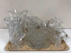A tray of lead crystal and cut glass vases, salad bowl with servers, comport,