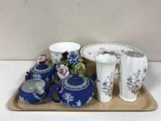 Three pieces of Wedgwood blue and white jasper ware, Aynsley vases, Crown Staffordshire comport,