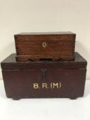 A mahogany table box and an antique pine box initialled (B.R.M.