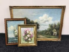 A large gilt framed oil on board - cows in country lane, signed P Wilson,