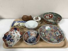 A tray of Oriental and other china including shaped Imari dish and finger bowl,