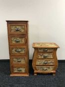 A contemporary pine and floral upholstered five drawer chest and matching four drawer chest