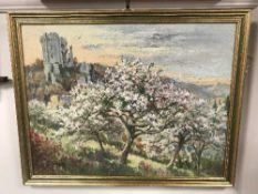 20th century school, in the style of Gaston La Touche, Prunus trees with a castle in the background,
