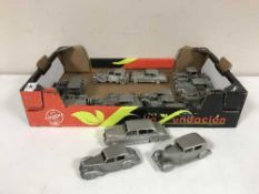 A box containing approximately 22 model pewter cars including Danbury Mint 1936 Rolls Royce,