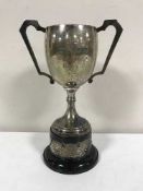 A silver twin handled trophy on stand - The John Orr Memorial Trophy 1949, height 15.