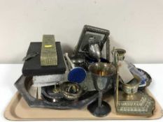 A tray of 20th century brass and plated ware, bookends, candlesticks, serving tray, boxed cutlery,