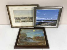 20th century school : panoramic view of a harbour, watercolour, framed,