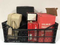 A box of Gaf projector, reels, boxed videomaster camera, cased Chinon binoculars,