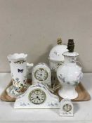 A tray of two Aynsley little sweet heart china table lamps, mantel clock and planter,