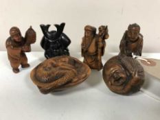 Six carved hardwood netsukes - Samurai,
