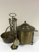 An early 20th century lidded brass coal bucket together with a brass companion set and a brass jam
