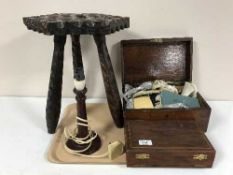 A tray of antique pine sewing box, wooden table lamp,