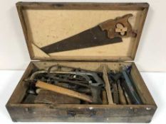A pine joiner's box containing tools and small folding Viga stool and boxed Lumogaz gas heater