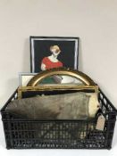 A basket of animal skim, two gilt framed tapestries, gilt framed mirror,